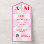 Vet Typografie Vibrant roze rood monogram bruiloft All In One Uitnodiging (Binnen)