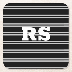 Vet wit monogram, Lt grijze lijnen op zwart Vierkante Kartonnen Onderzetter