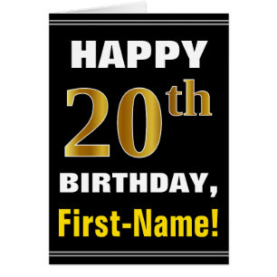 Vet, zwart, Faux Gold 20th Birthday met naam Kaart