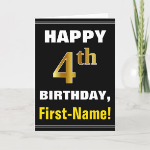 Vet, zwart, Faux Gold 4th Birthday met naam Kaart