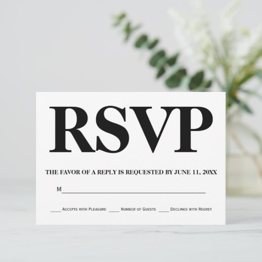 Vet zwart-witte typografie bruiloft RSVP (Staand voorkant)