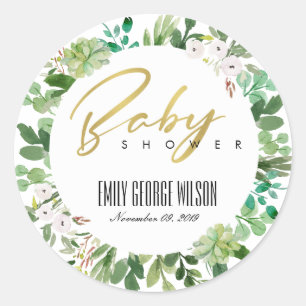 VETBLADIGE KRANS WATERVERF BABYSHOWER RONDE STICKER