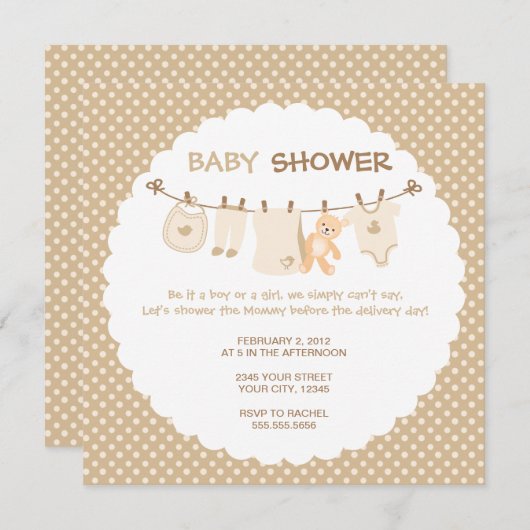 Vêtements pour bébés beiges - Invitations de douch (Devant / Derrière)