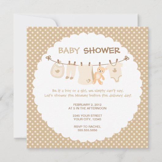 Vêtements pour bébés beiges - Invitations de douch (Devant)