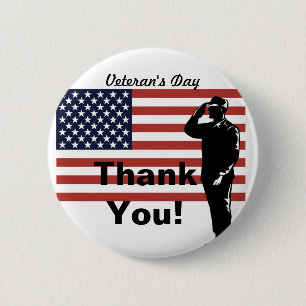 Veteranen Dag Bedankt! Soldaat die de Vlag Salueer Ronde Button 5,7 Cm