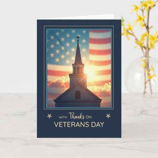 Veterans Day Religious Thanks Church Steeple Flag Kaart (Gele Bloem)
