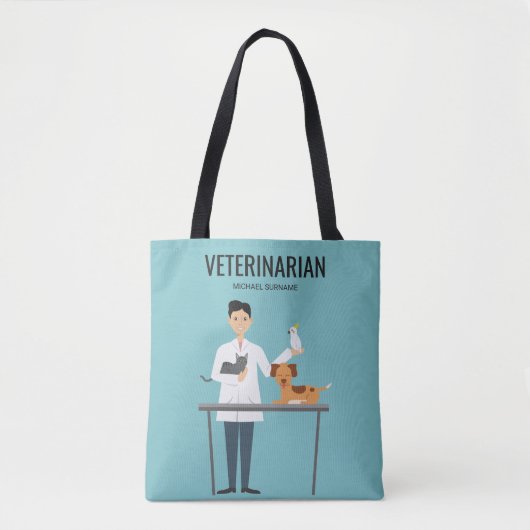 Veterinair Man met dieren en aangepaste tekst Draagtas (Voorkant)