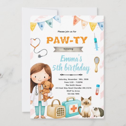 Veterinary birthday theme party invitation (Devant)