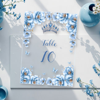 Vetgedrukte Bloemstof Blauw Quinceañera Tafelnumme Acryl Uitnodigingen