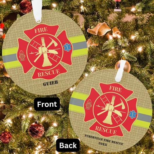 Vetgedrukte brandweerman Maltese Cross Keepsake Ornament