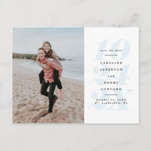 Vetgedrukte datum blauw save the date foto briefka briefkaart