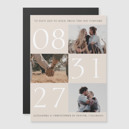 Vetgedrukte datum Triple Photo Save the Date Magne Magnetische Uitnodiging (Voorkant / Achterkant)