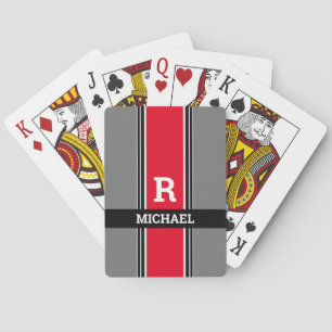 Vetgedrukte monogram en naam, rode grijze en zwart pokerkaarten