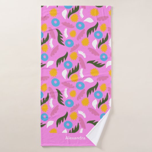 Vetgedrukte naam monogram roze floral abstract pat badhanddoek (Badhanddoek)
