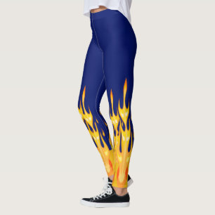 Vetgedrukte oranje-gele vuurvlammen op blauw leggings