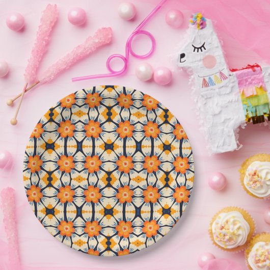 Vetgedrukte Retro Bloemenillustratie in Sinaasappe Papieren Bordje (Feest)