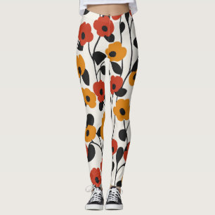 Vetgedrukte Retro Bloemenpatroon Rood, Sinaasappel Leggings
