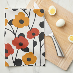 Vetgedrukte Retro Bloemenpatroon Rood, Sinaasappel Theedoek