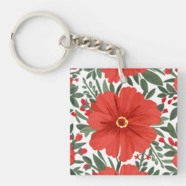 Vetgedrukte rode bloemmotief met weelderige groene sleutelhanger