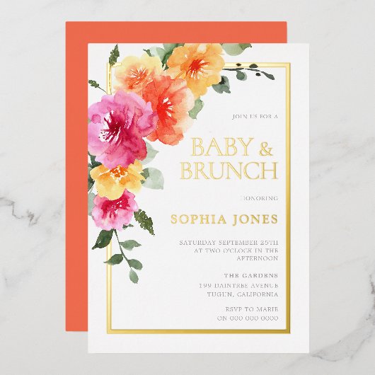 Vetgedrukte Waterverf Bloemen Baby shower Brunch Folie Uitnodiging (Voorkant / Achterkant)