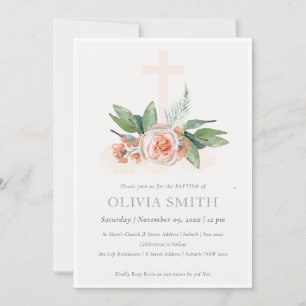 Vetpeach Roos Floral Cross Bunch Baptism Invite Bedankkaart
