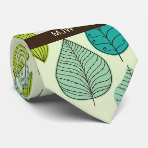 Vette bladeren in groen en blauw met Initialen Stropdas