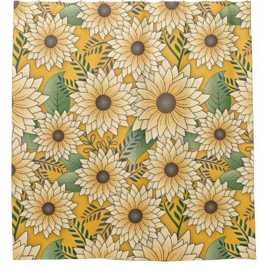 Vette Bloemen Geel Zonnige Zonnebloem Tuin Douchegordijn (Voorkant)