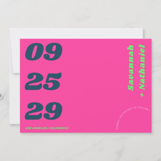 Vette datum roze & groene retro fotowebsite bruilo save the date (Voorkant)