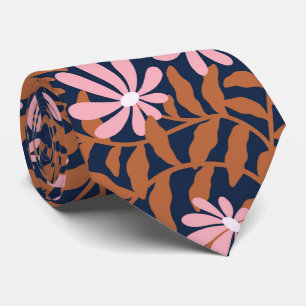 Vette groovy trailing bloemen – bruin marineblauw stropdas