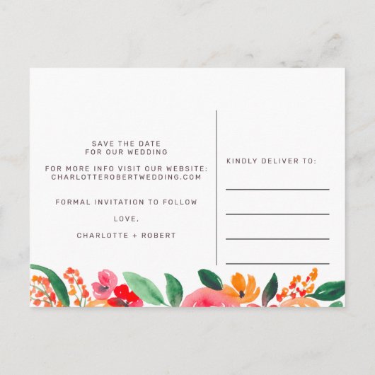 Vette herfst rood roze bloemenbruiloft save the da aankondigingskaart (Achterkant)