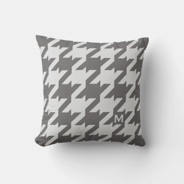 Vette moderne grijze houndstooth met monogram kussen (Voorkant)