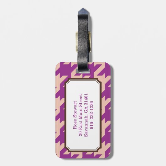 Vette moderne paarse houndstooth met monogram bagagelabel (Achterkant verticaal)