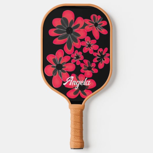 Vette rode bloemen op zwart personaliseren het pickleball paddle (Voorkant)