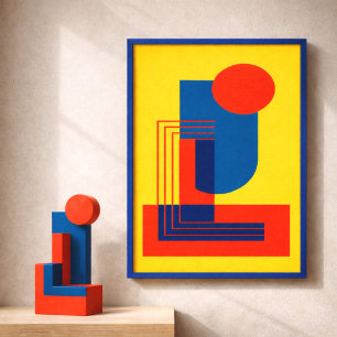 Vette rode en blauwe vormen op een gele achtergron poster