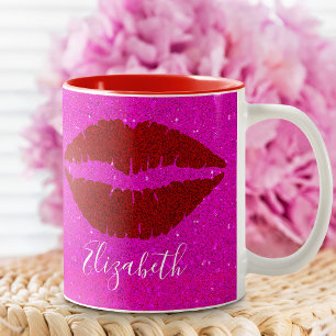 Vette rode lippen op Hot Pink Glitter Custom Name Tweekleurige Koffiemok