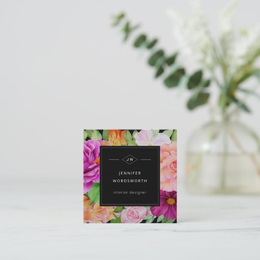 Vette Waterverf Paarse roze rozen zwart Vierkante Visitekaartje (Staand voorkant)