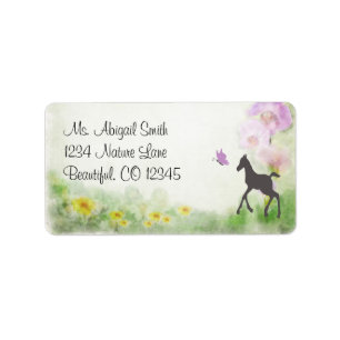 Veulen, Vlinder en Bloemen Paardenadres Etiket