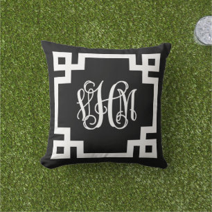 VHM zwart-wit Grieks Key Script Monogram Buitenkussen