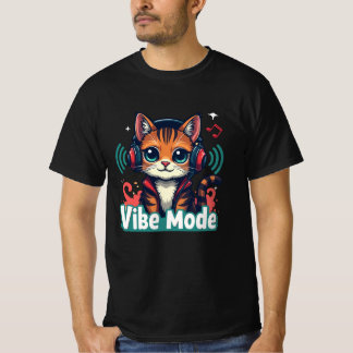 Vibe Mode" Cute Cartoon Cat T-Shirt |
