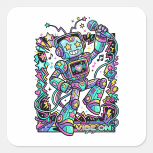 VIBE ON Neon Robot DJ – Kleurrijke Muziekmascotte Vierkante Sticker