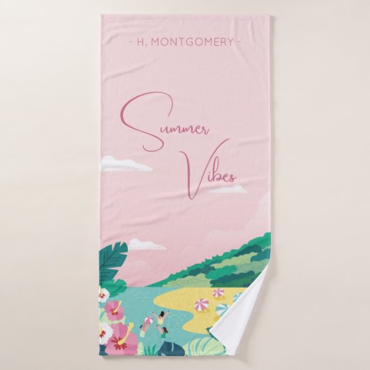 Vibes d'été Tropical Rose Nom personnalisé Plage (Serviette de bain)