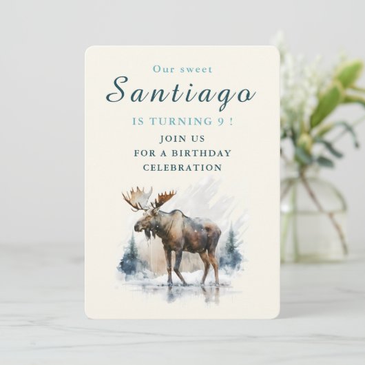 Vibes d'hiver Moose - Carte d'invitation d'anniver (Debout devant)