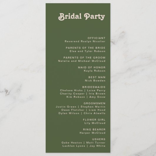 Vibes rétro simples | Programme de mariage vert ol (Dos)