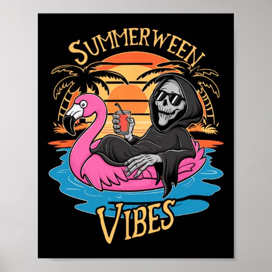 Vibes Skeleton Flamingo Spooky Halloween Zomer Poster (Voorkant)