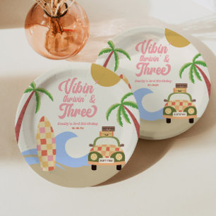 Vibin' & Three Surf Board Roze 3de Verjaardagsfees Papieren Bordje