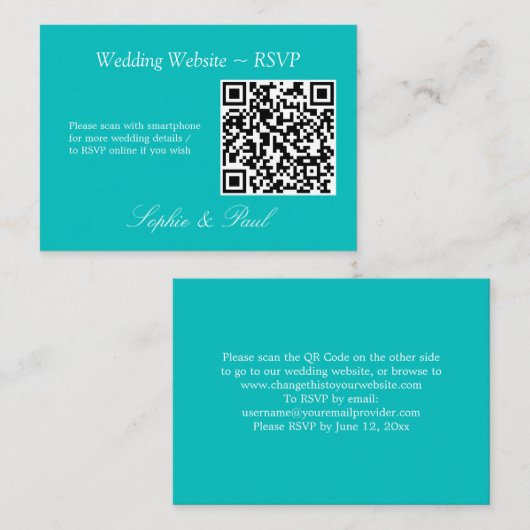 Vibrant Aqua QR Code Site Web Carte RSVP (Devant / Derrière)