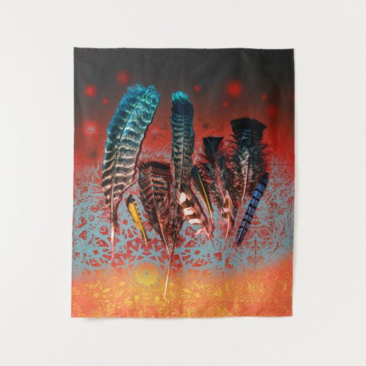 Vibrant Bird Feathers Oranje Turquoise Southwest Wandkleed (Voorkant)