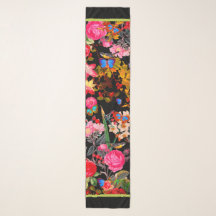 Vibrant Black  Roos Garden Chiffon Scarf