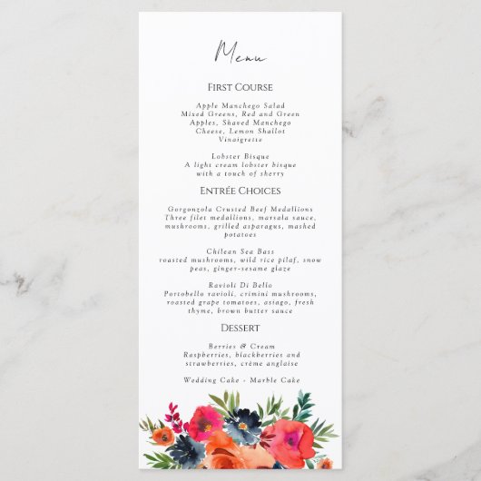 Vibrant Blauw Oranje Rood Botanisch Menu (Voorkant)