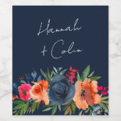 Vibrant Blauw Oranje Rood Botanisch Wijn Etiket (Enkel label)